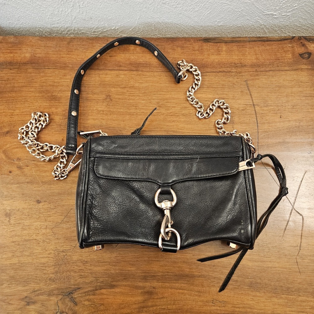 REBECCA MINKOFF Mac Black Leather Gold Chain Crossbody Studs Clip